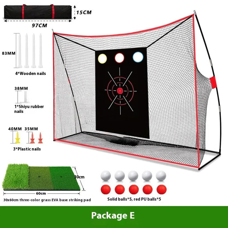 Golf wedge training net with 3-hole design on straw mat with practice balls and accessories