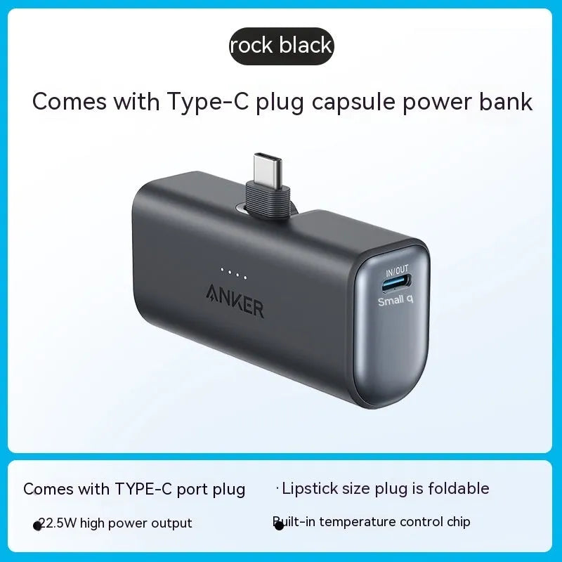 Small capsule-shaped power bank in multiple colours with a foldable USB-C cable.