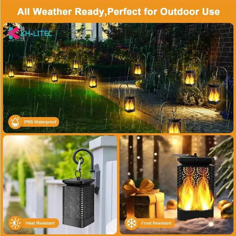 Set of four black solar-powered flame torch lights with flickering LED effect for garden pathways