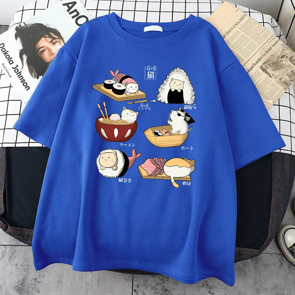 Men's cotton T-shirt with cartoon cat sushi design in loose fit with short sleeves