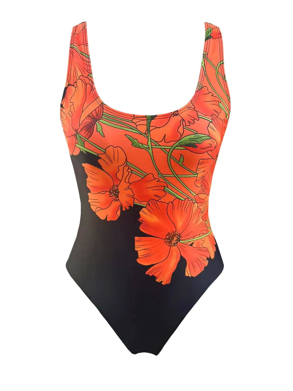 Orange flowers printed backless one-piece swimsuit in slim fit style made of polyester fabric