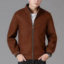 Men's grey fleece zip-up jacket with side pockets on a hanger