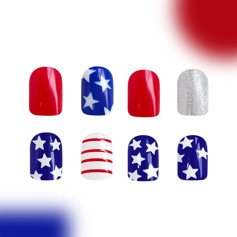 Box of short European square artificial nails with red and blue glitter decoration.