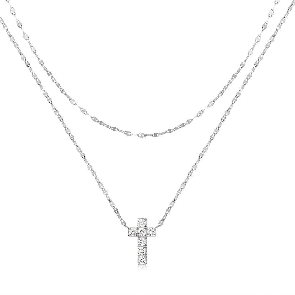 Sterling silver double layer twin diamond cross pendant necklace with geometric design on clavicle chain