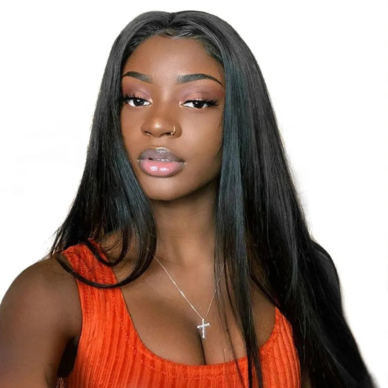 Long straight black synthetic wig with centre-parted bangs on a mannequin head