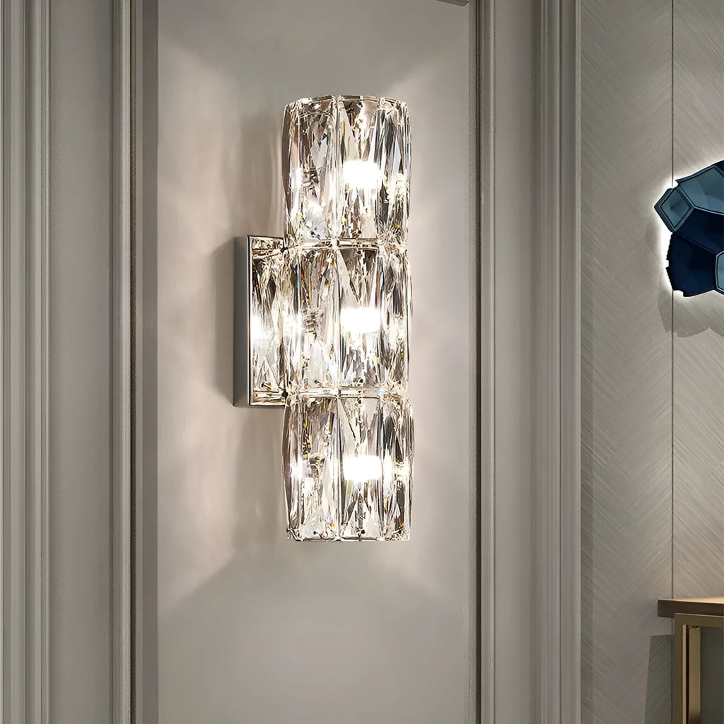 Crystal wall lamp with stainless steel frame in chrome or gold finish