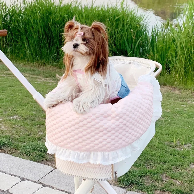 Pure cotton pet stroller three-piece set with towel, cushion and pillow in floral pattern