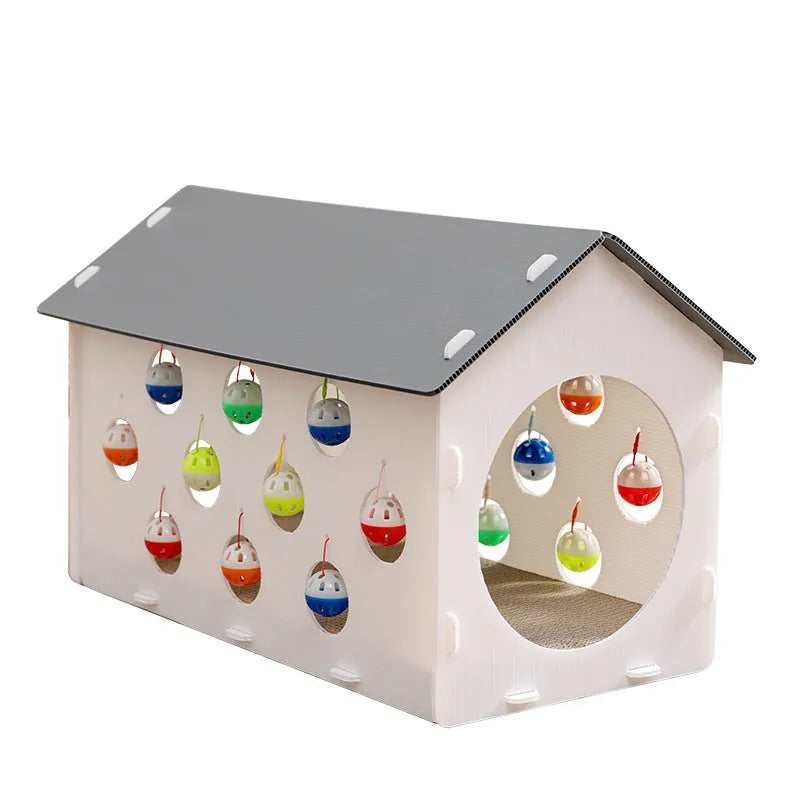 Plastic cat scratch board integrated with a nesting house and tunnel, includes a toy.