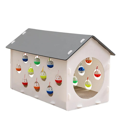 Plastic cat scratch board integrated with a nesting house and tunnel, includes a toy.