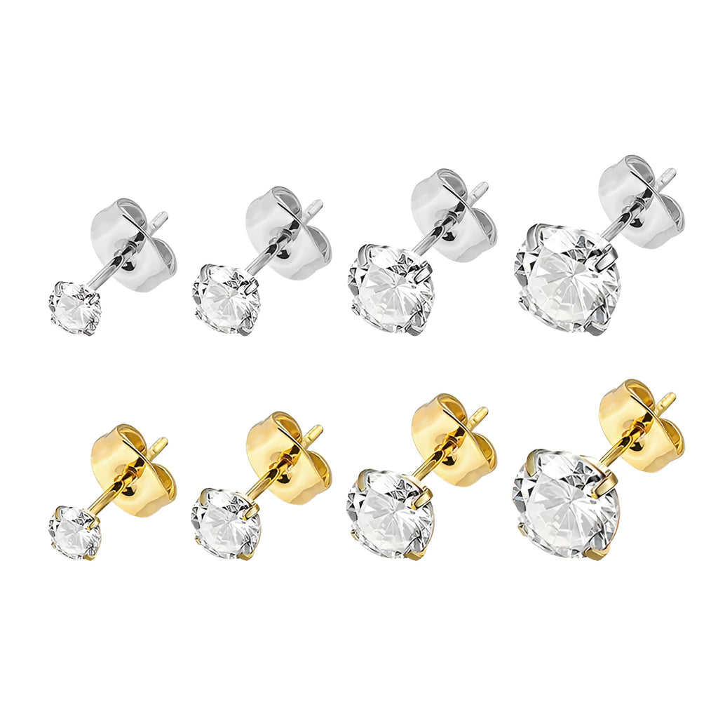 Geometric square stainless steel stud earrings with a round zircon stone, available in gold or steel colour.