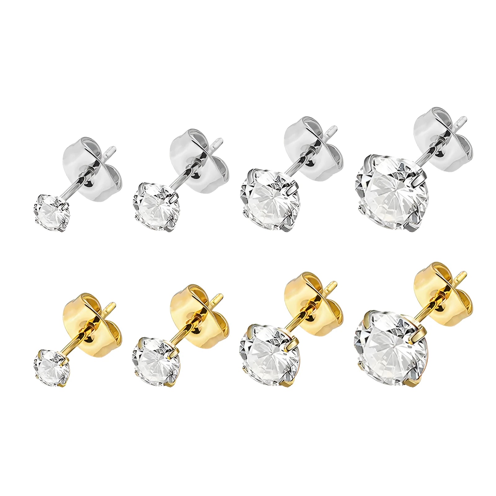 Geometric square stainless steel stud earrings with a round zircon stone, available in gold or steel colour.