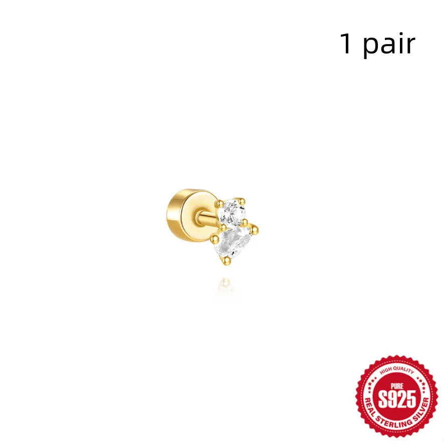 S925 sterling silver flat column geometric ear bone studs with thread detail in a gold colour finish