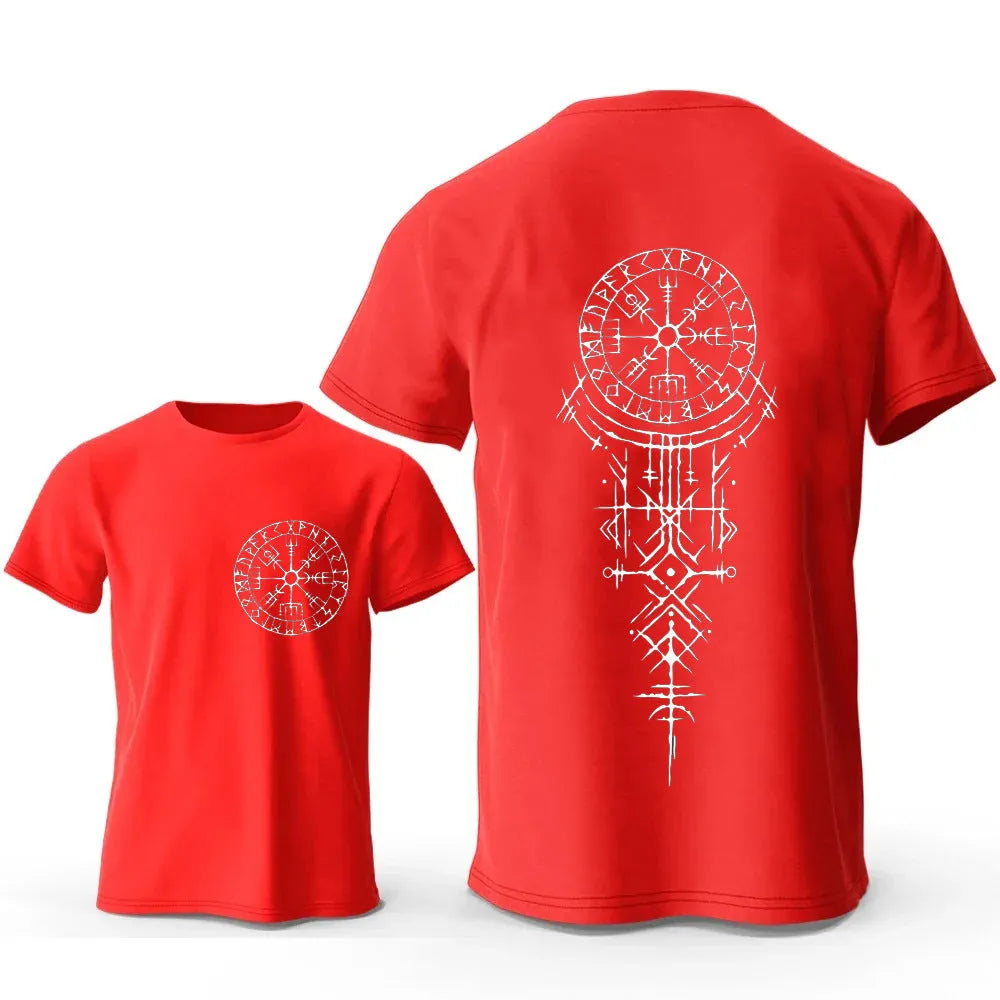 Men's grey T-shirt with a detailed Viking compass and smiling face graphic print on the chest.