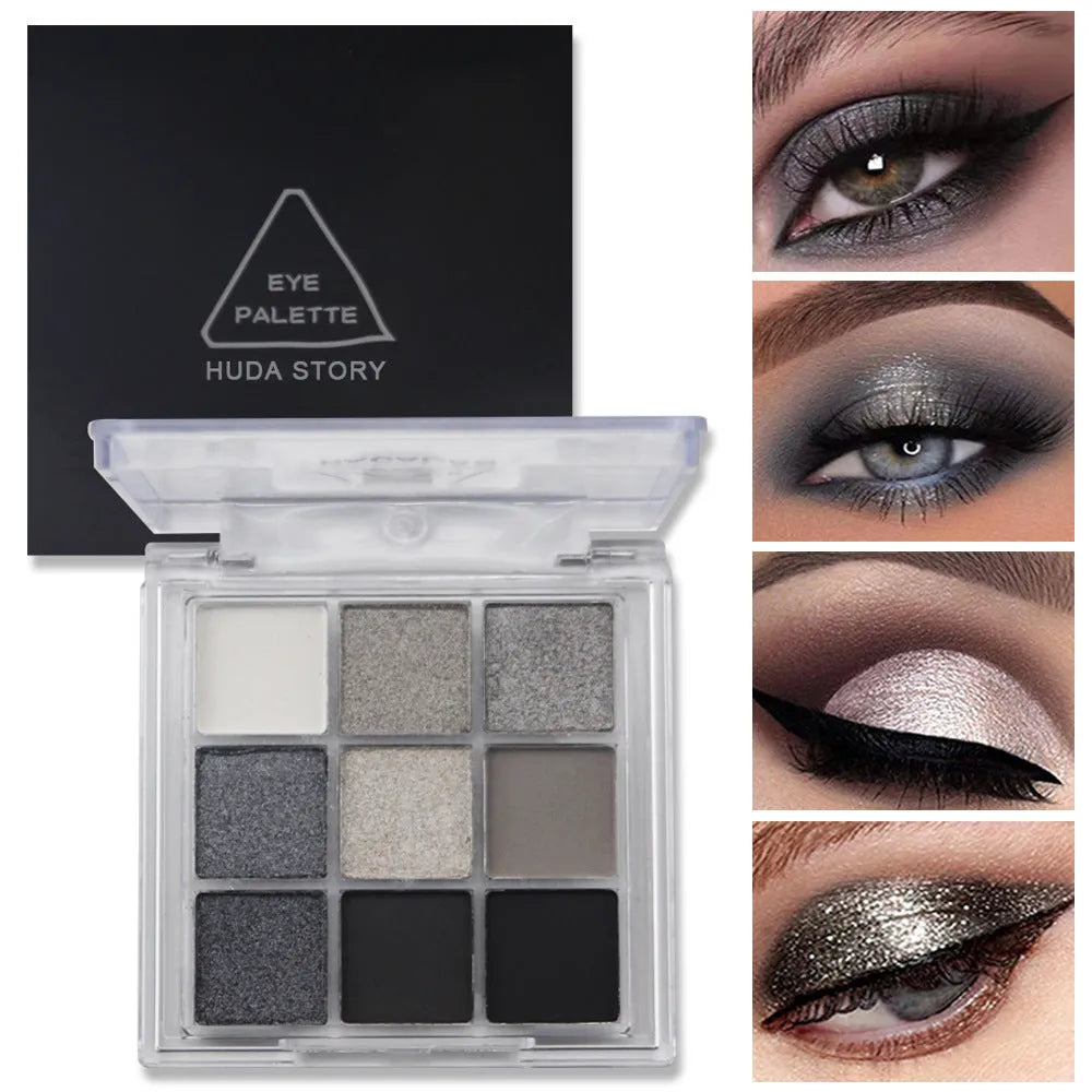 Nine-colour smoked eyeshadow palette showing white, silver, black, and iron grey shades in compact case