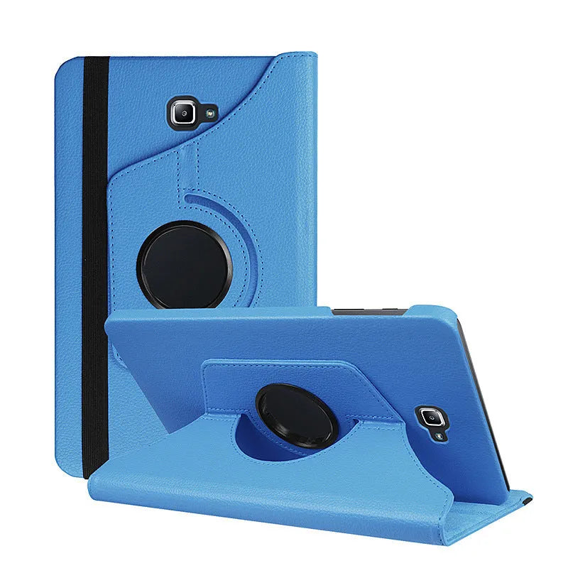 Rotating leather tablet case in clamshell design for iPad 1, shown in multiple colour options.