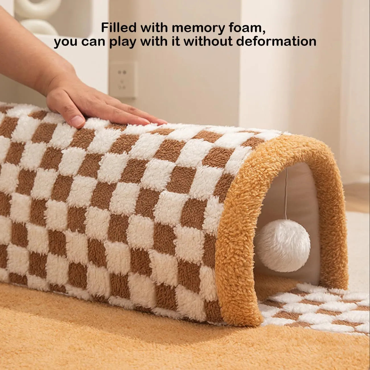 XL fan-shaped plush pet bed for dogs and cats with integrated tunnel in a plaid pattern.