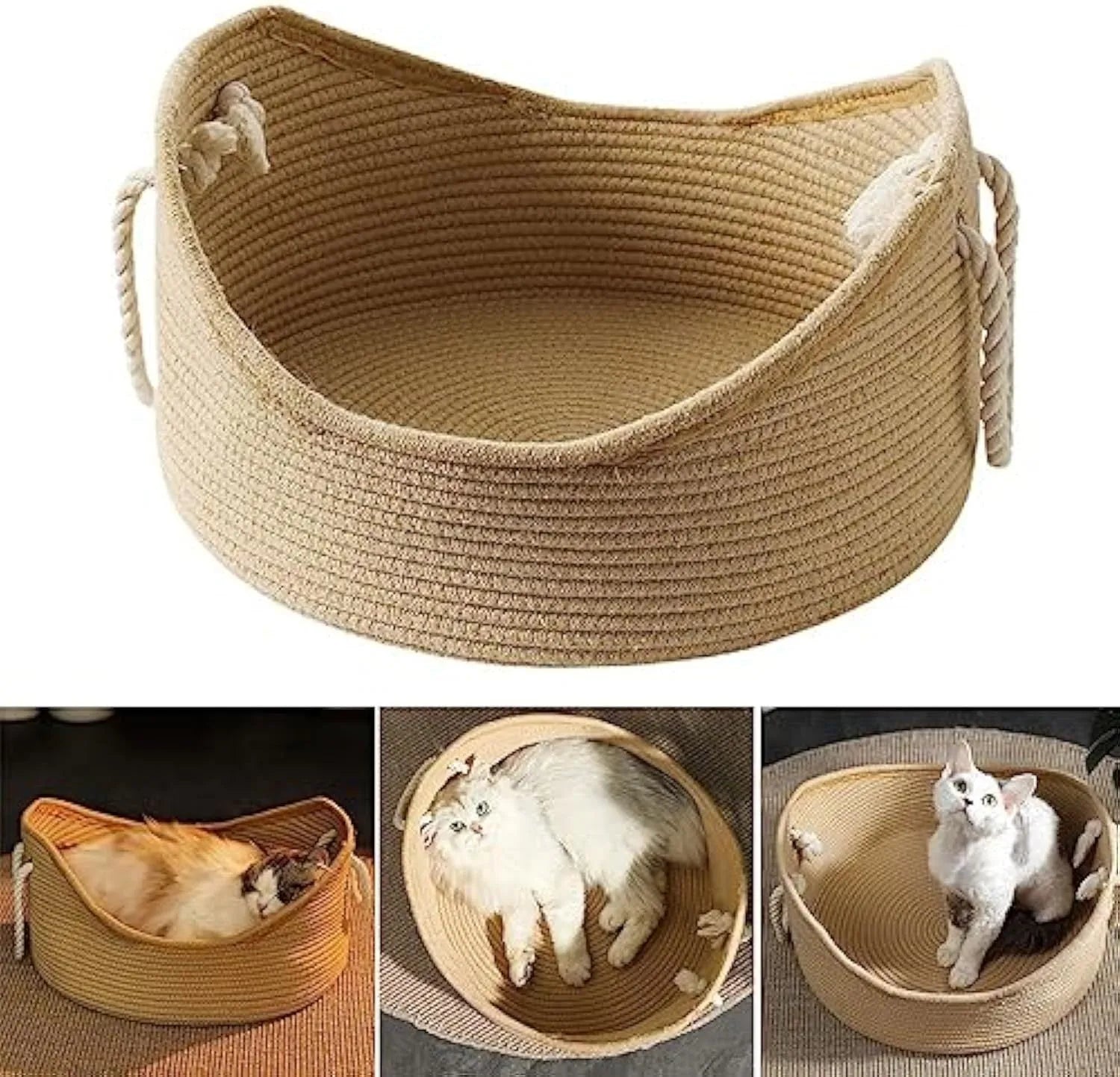 Wicker style cat bed basket with built-in corrugated scratching board in two size options