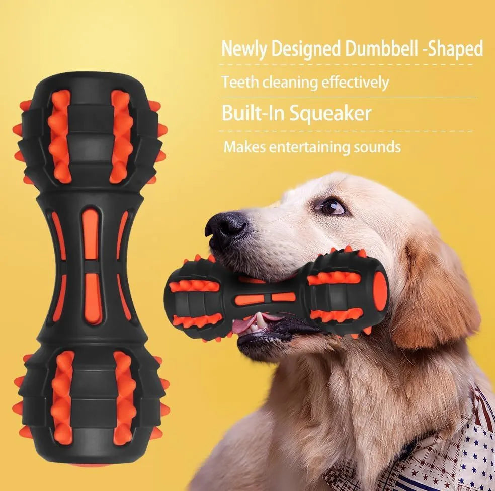 Red dumbbell-shaped durable rubber dog chew toy for large breeds on a white background