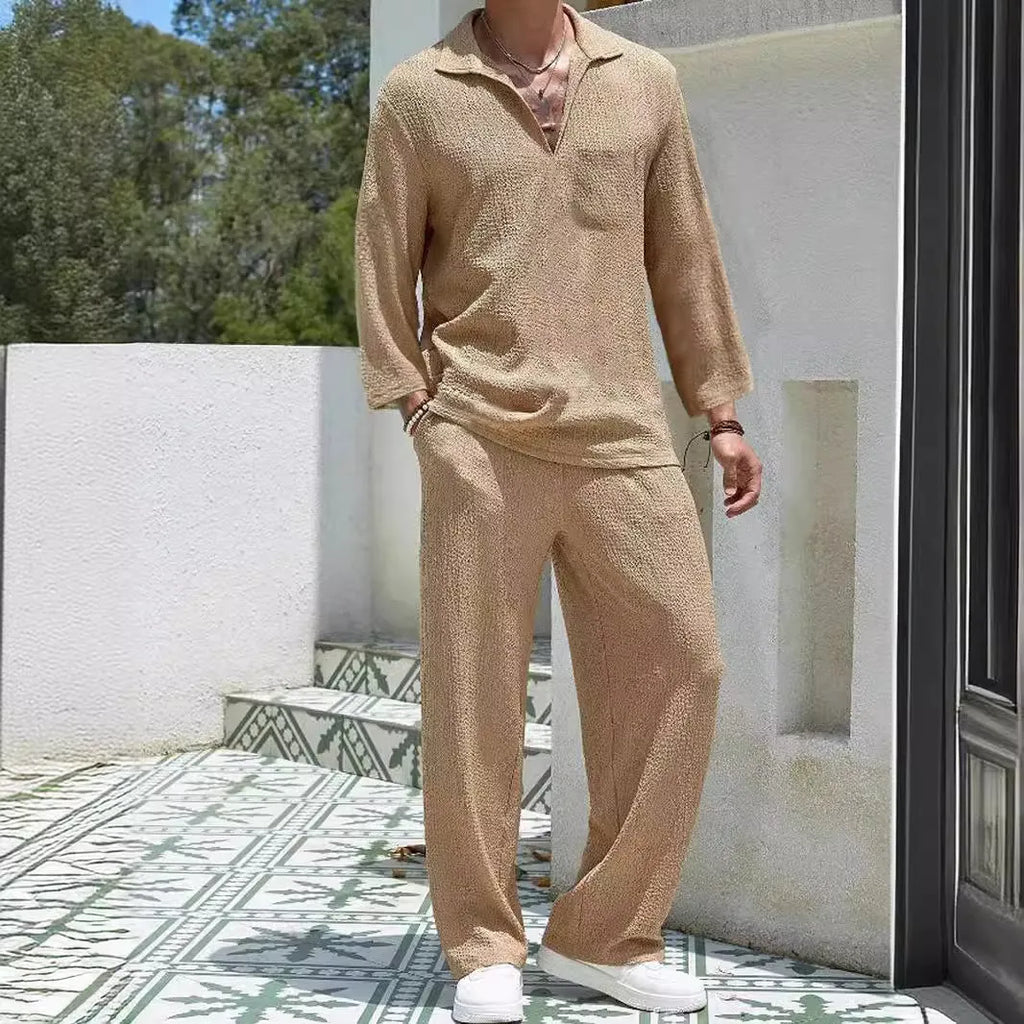 Men's casual polyester shirt and trousers suit set in lake blue colour.