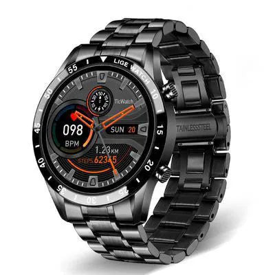Smart watch with stainless steel band and 1.3 inch screen showing step counter interface