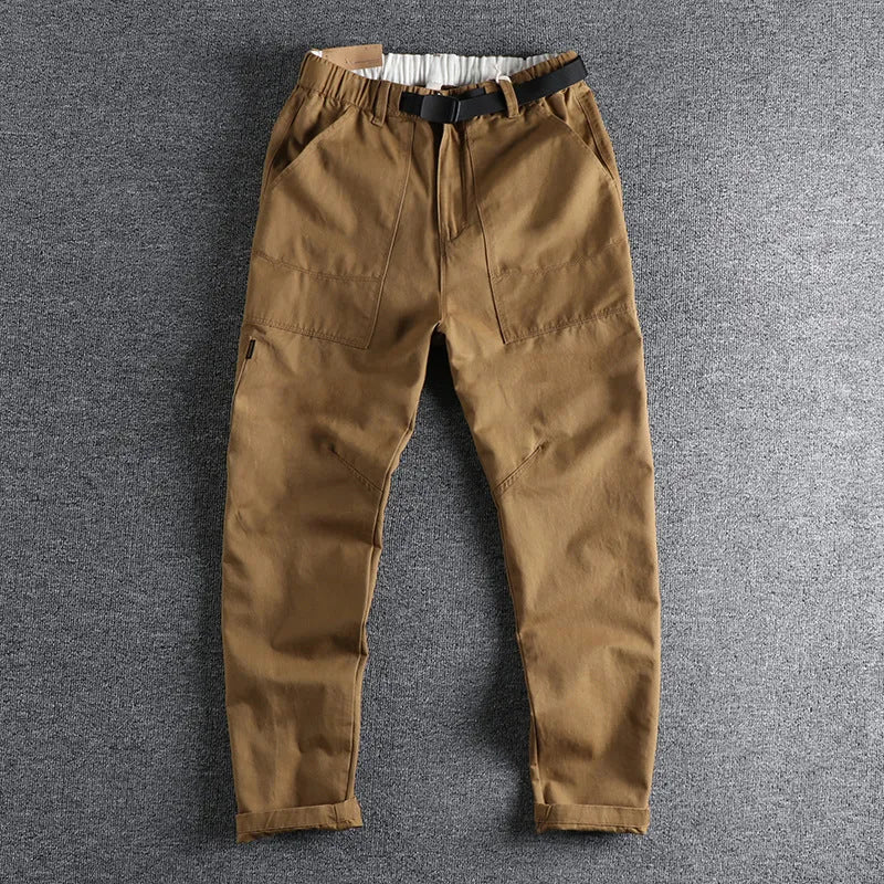 Men's cotton work trousers with N I buckle belt in khaki and dark blue colours