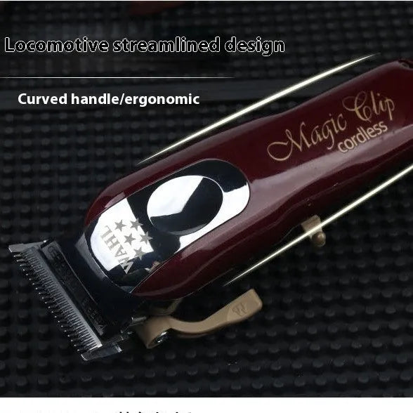 Cordless rechargeable hair clipper with stainless steel cutter head for home use.