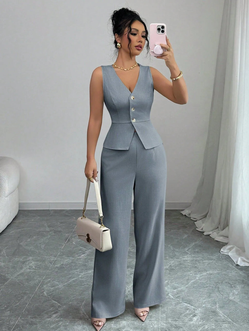 Women's solid colour sleeveless vest and high-waist trousers two-piece set in casual style