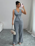 Women's solid colour sleeveless vest and high-waist trousers two-piece set in casual style