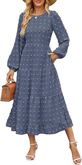 Women's long sleeve autumn dress with high waist and ruffle sleeves in solid colour
