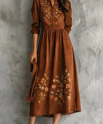 Brown vintage floral embroidered suede-look midi dress in polyester fabric