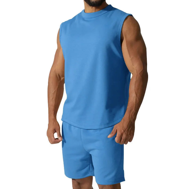 Men's sleeveless sports suit two-piece set in cotton blend fabric showing top and matching shorts