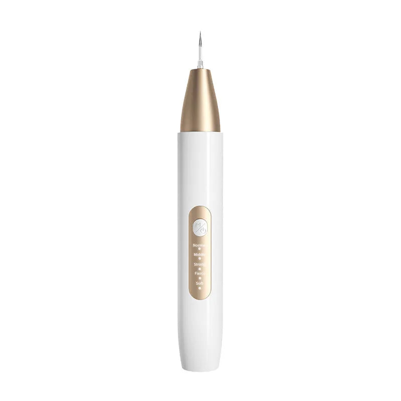 Gold-coloured ultrasonic tooth cleaner for removing tartar and surface stains on teeth.