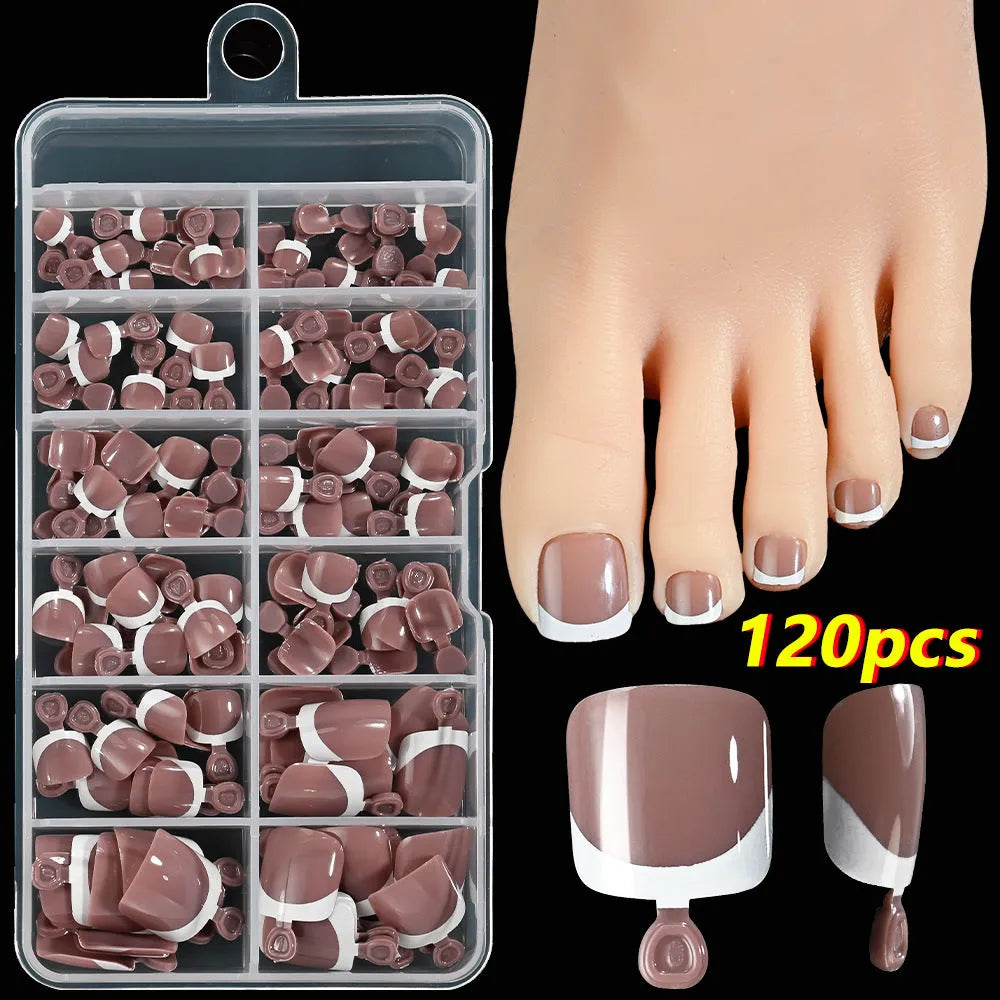 120 piece box of French white edge toenail pieces in nine nude colours with full square short shape