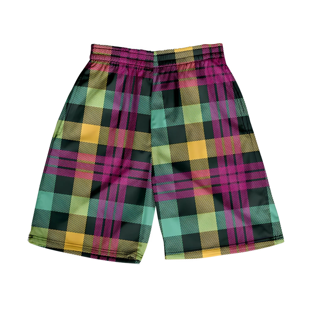 Men's plaid pattern casual shorts with an elastic waistband, shown in a straight-leg style.