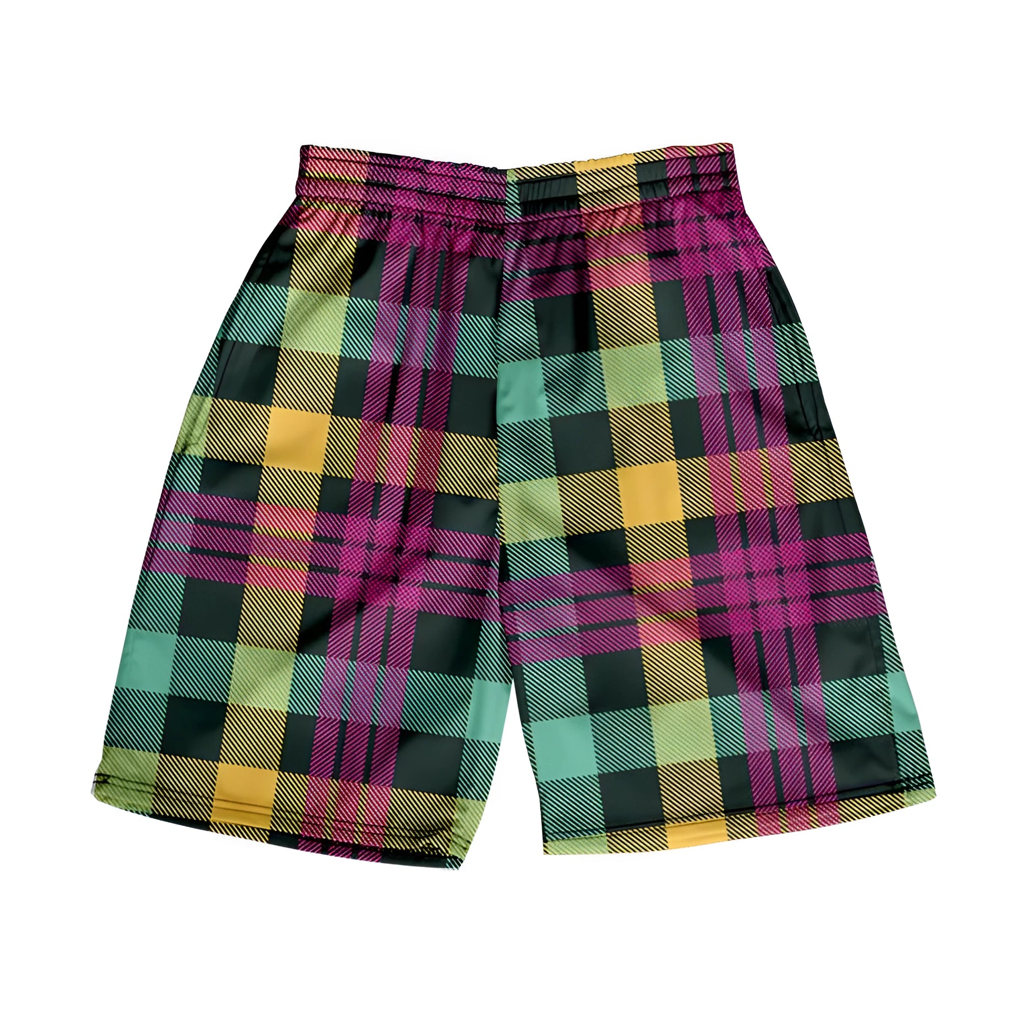 Men's plaid pattern casual shorts with an elastic waistband, shown in a straight-leg style.