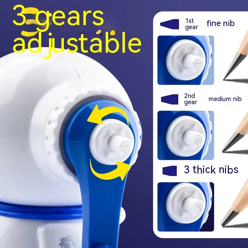 Cartoon astronaut manual pencil sharpener in blue or pink colours with three adjustable levels
