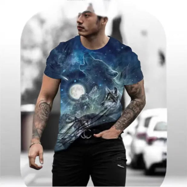 Man wearing a retro 3D animal print short-sleeved T-shirt made from lightweight polyester fabric.