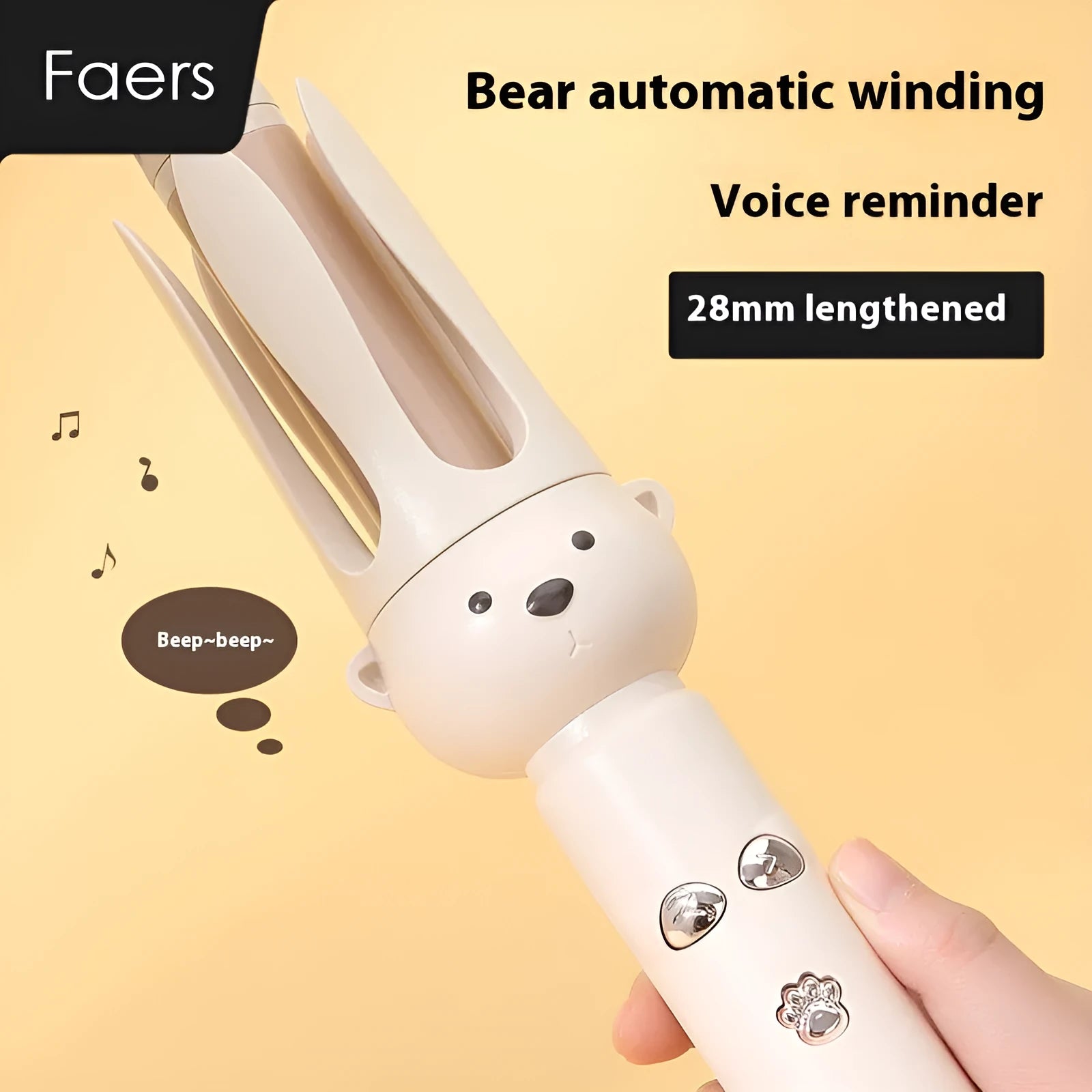 Beige automatic hair curler with rotating barrel and negative ion technology