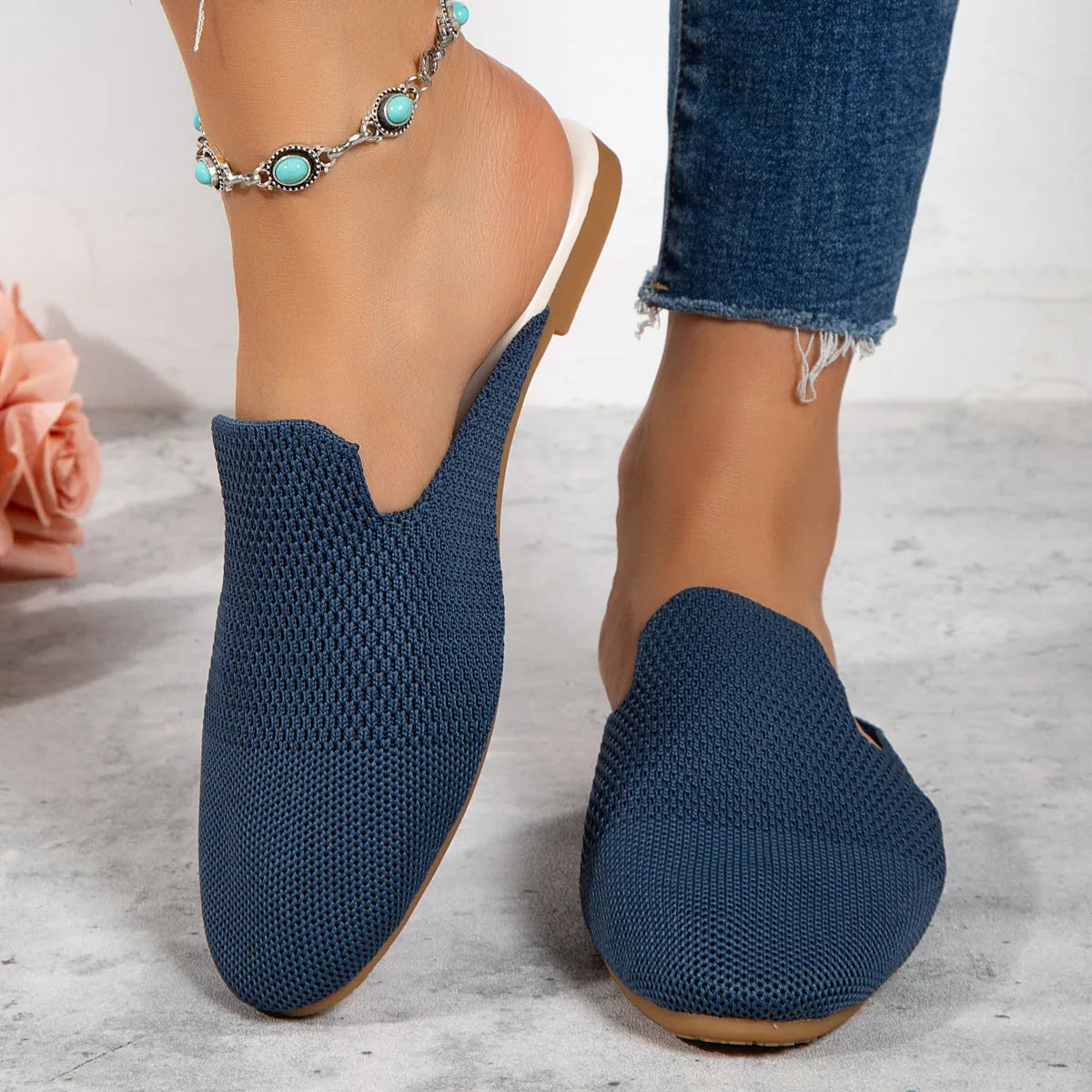 Casual cloth-covered mesh sandals in apricot, blue, or green candy colours with rubber soles.