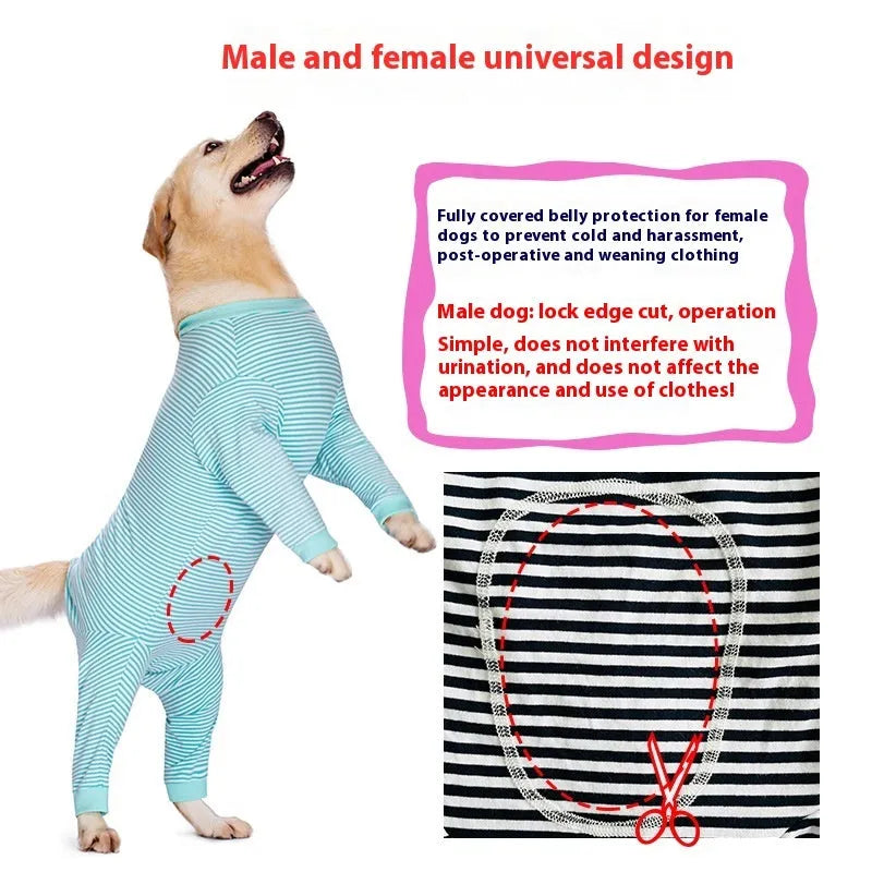 Four-legged striped dog shirt for golden retrievers and labradors in lightweight polyester material