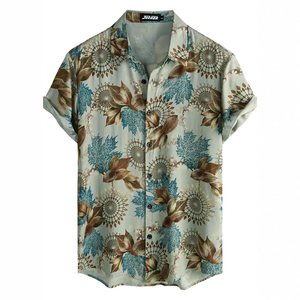 Hawaiian floral print short sleeve shirt with four-sided elastic polyester fabric
