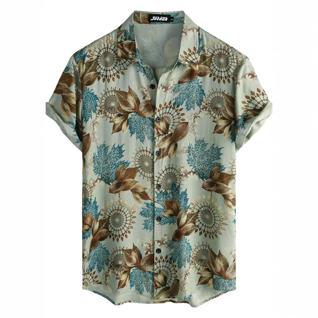 Hawaiian floral print short sleeve shirt with four-sided elastic polyester fabric