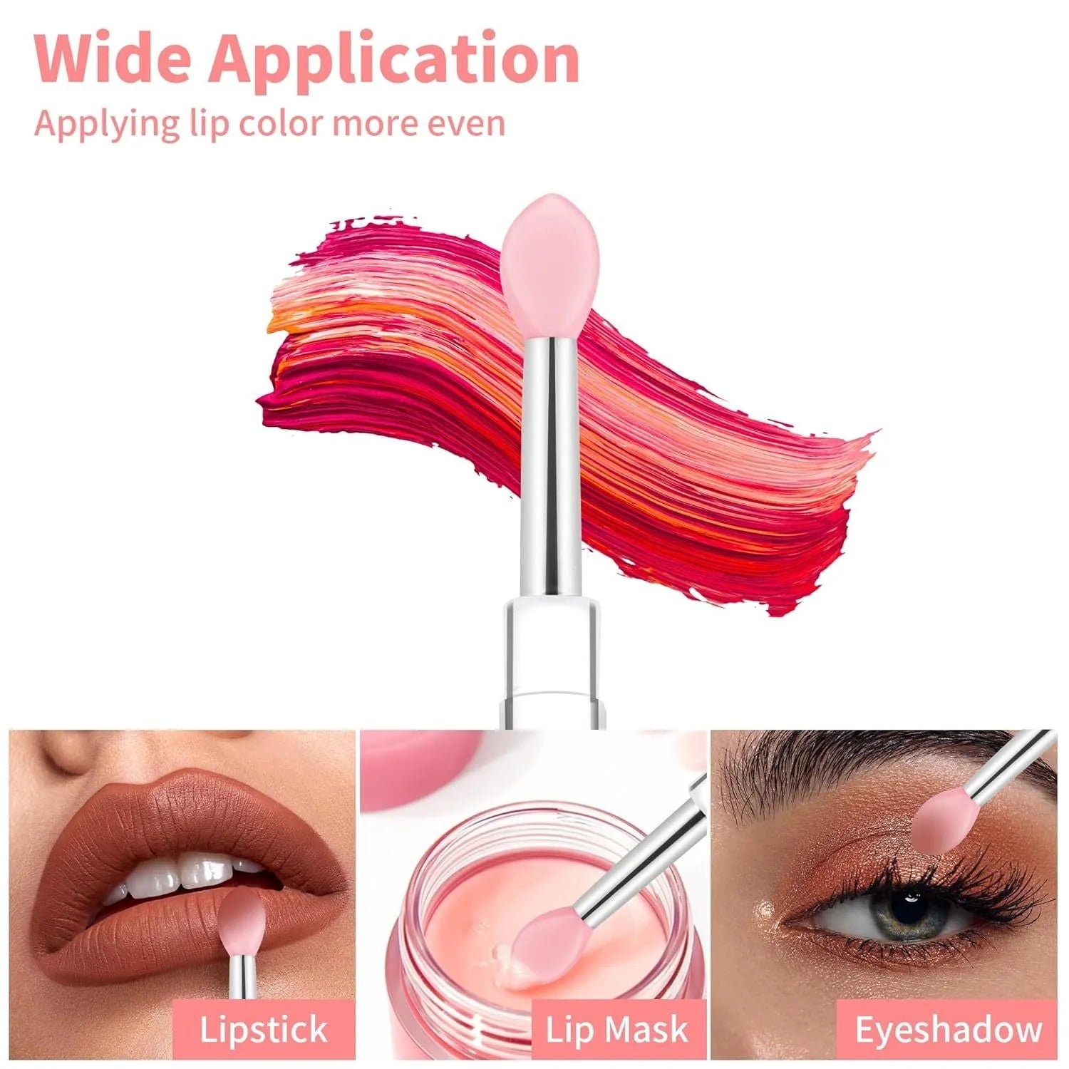 A reusable silicone lip brush with a handle and protective cap, shown in one of eight available colours.