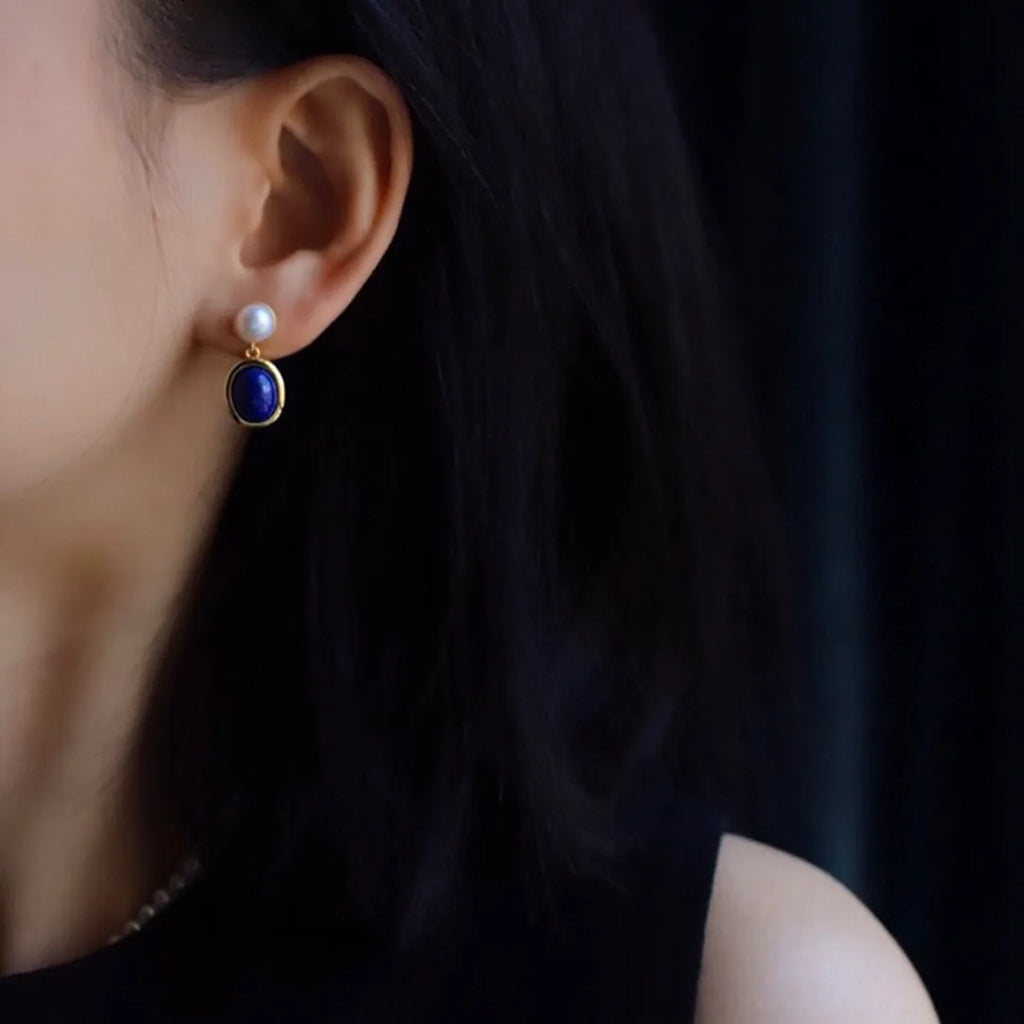 Lapis lazuli pearl earrings in 925 silver with auspicious pattern detailing