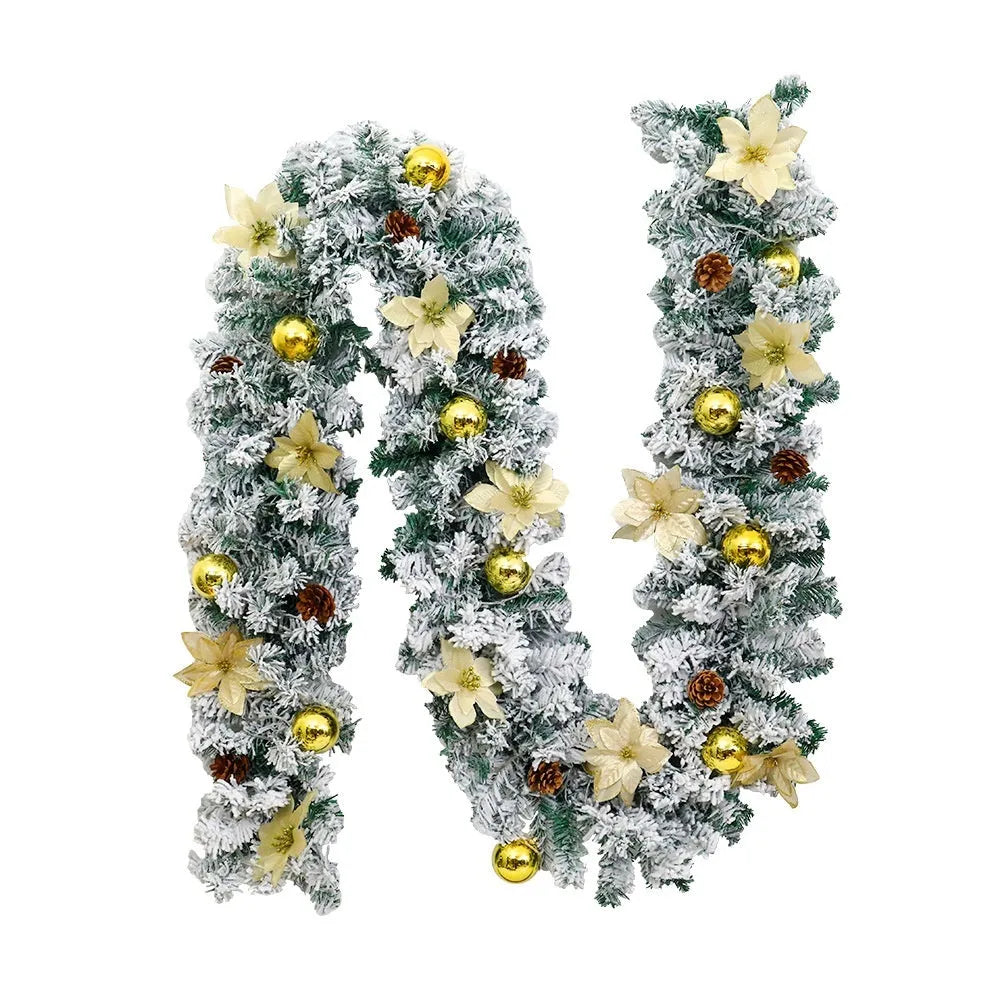 Christmas rattan garland with white flocking in a choice of five colours: golden, blue, silver, pink, and red.