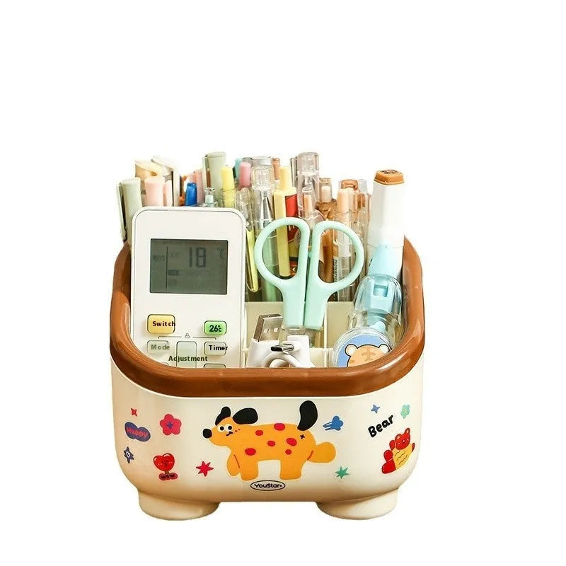 Cartoon design plastic desktop organiser with storage box, pen container, tissue box and coin bank accessories in red and brown colours