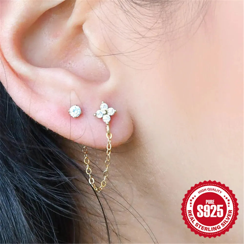 S925 sterling silver earrings with diamond flower tassel chain design and golden electroplated finish