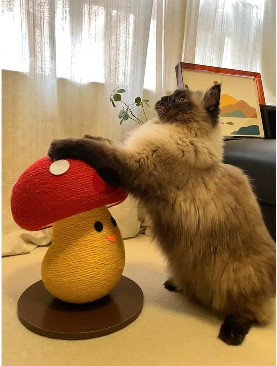 Mushroom-shaped cardboard cat scratcher with foldable accordion design for furniture protection