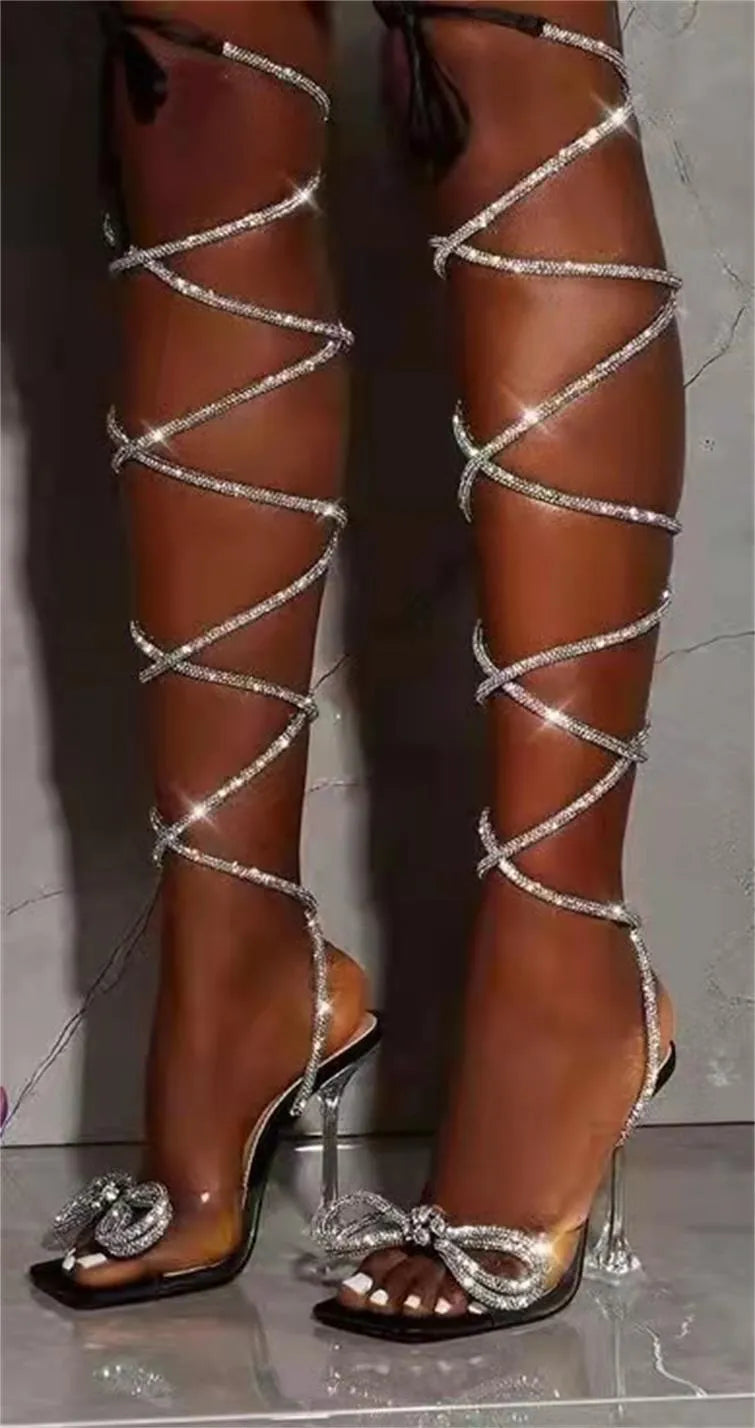 Plus size women's rhinestone strap sandals with square toe design in black colour