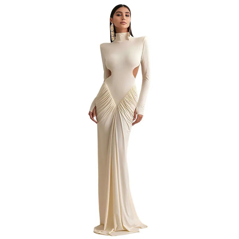 Long sleeve slim fit pleated backless dress with a high collar in a solid colour.